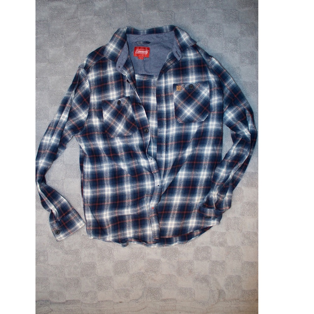 Coleman Mens Blue Plaid Flannel Button Down Shirt Long Sleeve Large Outdoor - Picture 2 of 4